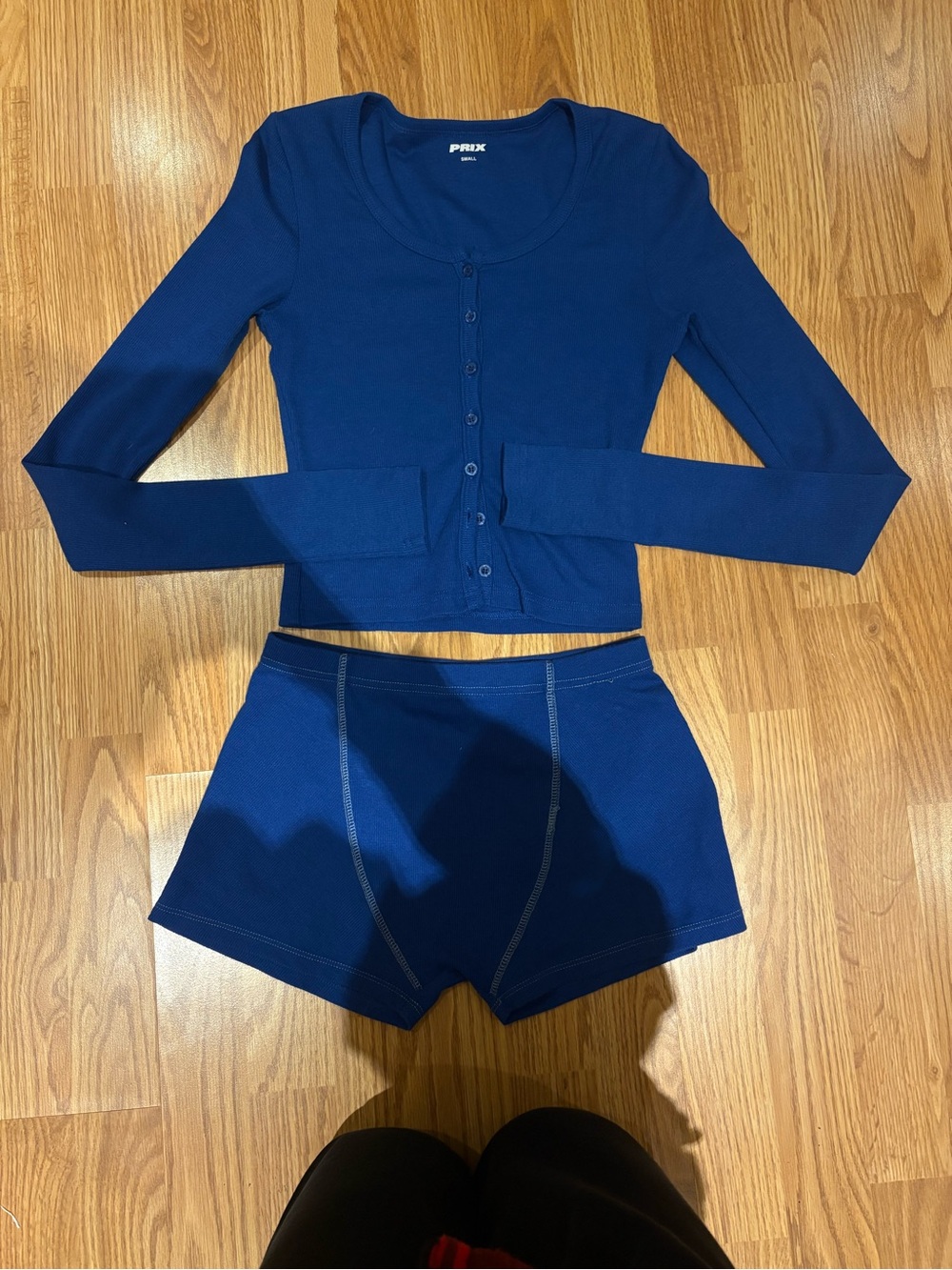 PRIX Navy Ribbed Button-Front Top & Shorts Lounge Set